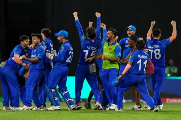 Afghanistan's players celebrate winning their ICC Men's T20 World Cup Super Eight cricket match against Bangladesh at Arnos Vale Stadium in Arnos Vale, Saint Vincent and the Grenadines, on Monday. (Photo: AFP)