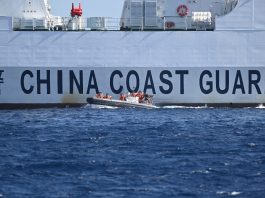 This photo shows an aerial view of China Coast Guard vessel inside Scarborough Shoal in the disputed South China Sea on Feb 16, 2024. (Photo: AFP/Jam Sta Rosa)