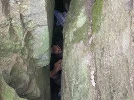 The woman slipped into a three-metre crevice