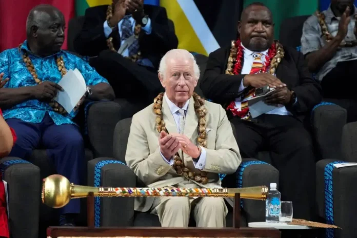 Britain's King Charles III (centre) reacts during the opening ceremony for the Commonwealth Heads of Government Meeting in Apia, Samoa, Thursday. (Photo: AFP)