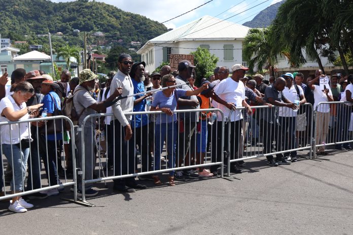 Protesters outside the Dominica Parliament