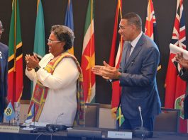 From left: The prime ministers of Trinidad and Tobago, Keith Rowley; Barbados, Mia Mottley; Jamaica, Andrew Holness and President of Guyana Irfaan Ali at 48th Summit of CARICOM in Bridgetown, Barbados on Friday, Feb. 21, 2025. (PhotoFacebook/Andrew Holness)