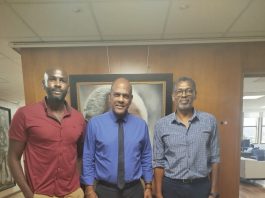 From left to right: Marvin Jno Baptiste, President of the NGO Caribbean Sport & Sustainable Development, Serge Letchimy, President of the local Government of Martinique, and Raymond Petit-Frere, President of the Martinique basketball league,