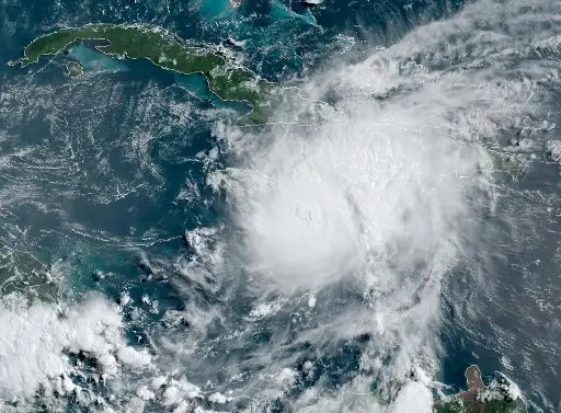 This satellite image obtained from the National Oceanic and Atmospheric Administration shows Hurricane Beryl on July 3, 2024, at 12:40 GMT, approaching Jamaica. (Photo: AFP)
