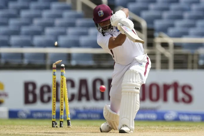 CASTLED: West Indies’ Brandon King is bowled by Australia’s Mitchell Starc on day three of the third Test match at Sabina Park in Kingston, Jamaica, yesterday. —Photo: AP Ricardo Mazalan