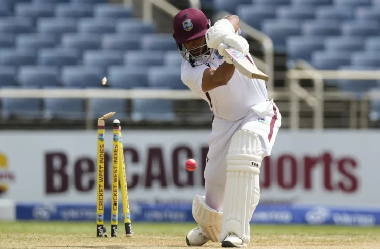 CASTLED: West Indies’ Brandon King is bowled by Australia’s Mitchell Starc on day three of the third Test match at Sabina Park in Kingston, Jamaica, yesterday. —Photo: AP Ricardo Mazalan