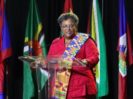 Barbados Prime Minister Mia Mottley speaks at the opening ceremony of the 49th Regular Meeting of the Conference of Heads of Government of Caricom in Jamaica on Sunday. COURTESY:CARICOM