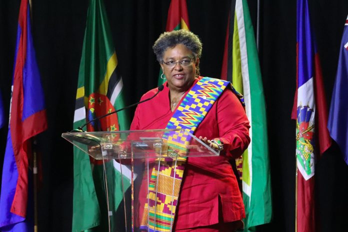 Barbados Prime Minister Mia Mottley speaks at the opening ceremony of the 49th Regular Meeting of the Conference of Heads of Government of Caricom in Jamaica on Sunday. COURTESY:CARICOM