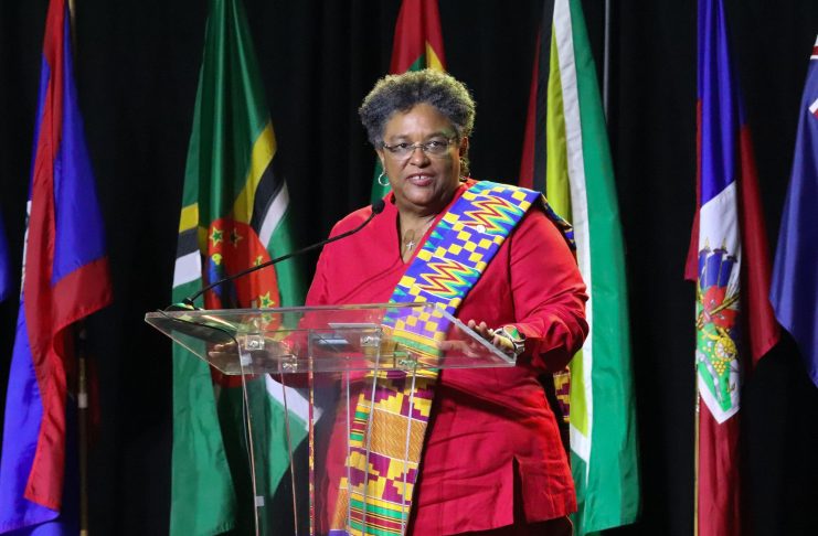 Barbados Prime Minister Mia Mottley speaks at the opening ceremony of the 49th Regular Meeting of the Conference of Heads of Government of Caricom in Jamaica on Sunday. COURTESY:CARICOM