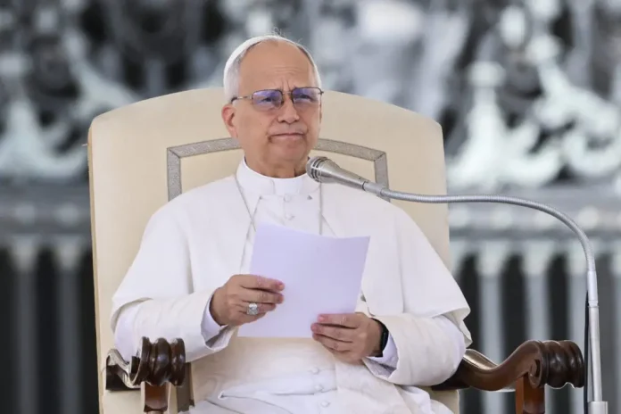 Pope Leo XIV looks on as he delivers his speech during his weekly general audience at St. Peters square in the Vatican, on September 17, 2025. (Photo by Alberto PIZZOLI / AFP)