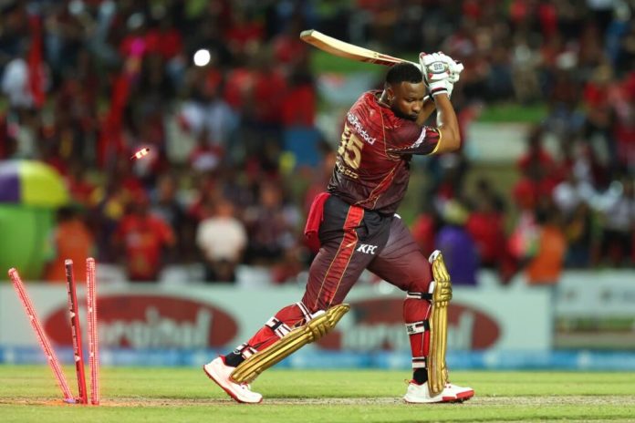 Kieron Pollard of Trinbago Knight Riders is bowled by Tabraiz Shamsi of St Lucia Kings during the 2025 Republic Bank Caribbean Premier League match at Brian Lara Cricket Academy on September 3, 2025 in Tarouba. - (CPL T20)