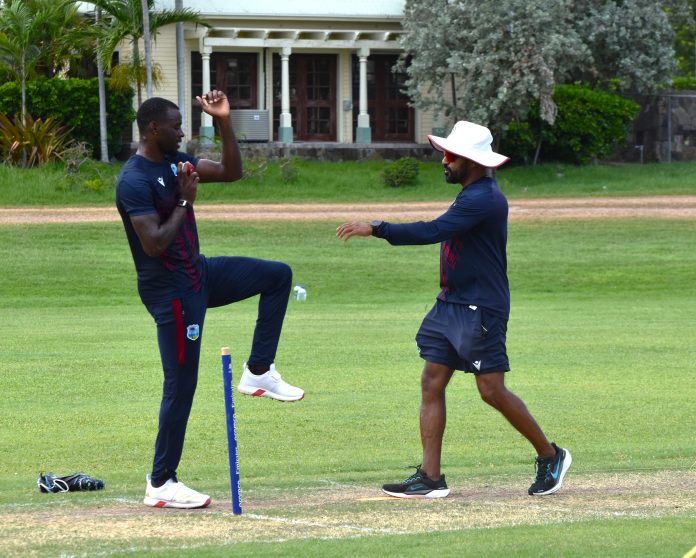 WI Academy Head Coach Ramesh Subasinghe with pacer Anderson Phillip