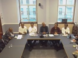 Sir Hilary Beckles, chairman of the Caribbean Community (CARICOM) Reparations Commission (CRC), flaked by other members at the news conference in London on Tuesday (CMC Photo)