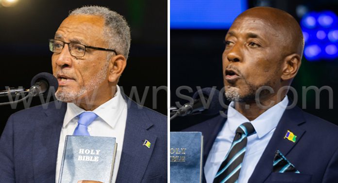 MP for the Northern Grenadines, Prime Minister Godwin Friday, left, and East Kingstown MP, Fitz Bramble. (Photo: Facebook/NDP