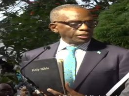 ST. LUCIA-POLITICS-Pierre sworn into office, promising continuation of policies of his first administration Prime Minister Phillip J Pierre, taking his oath of office on Friday (CMC PHoto)