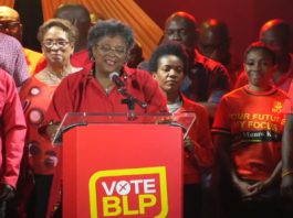 Prime Minister MIa Mottley addressing supporters early Thursday morning after her Barbados Labour Party won the general election (CMC Photo)