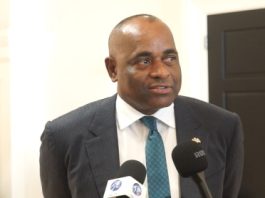 CARIBBEAN-POLITICS-Regional leaders encouraged by first round of engagement with Rubio Dominica Prime Minister Roosevelt Skerrit speaking to reporters after the first round of engagement with US Secretary of State, Marco Rubio (CMC Photo)