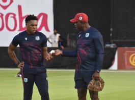 Ottis Gibson with fast bowler Jediah Blades during the series against Nepal in Sharjah in September 2025.