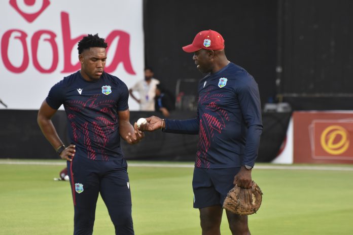Ottis Gibson with fast bowler Jediah Blades during the series against Nepal in Sharjah in September 2025.