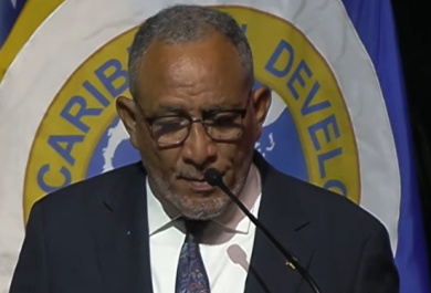 St. Vincent and the Grenadines Prime Minister Dr. Godwin Friday, addressing the 56th annual meeting of the board of governors of the Caribbean Development Bank (CDB) (CMC Photo)