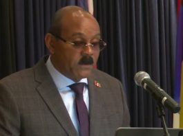 Prime Minister Gaston Browne addressing ceremony to mark the change in chairmanship of the Eastern Caribbean Central Bank (ECCB) Monetary Council on Thursday night. (CMC Photo)