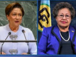 LEAD-CARIBBEAN-Trinidad and Tobago wants reappointment of CARICOM SG sent to CCJ rime Minister Kamla Persad-Bissessar (left) and CARICOM Secretary General, Dr. Carla Barnett (File Photo)
