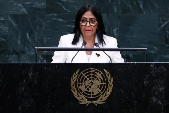 Venezuelas Acting President Delcy Rodriguez speaks during the 81st United Nations General Assembly at the United Nations Headquarters in New York, on September 23, 2026. (Photo by Leonardo MUNOZ / AFP)