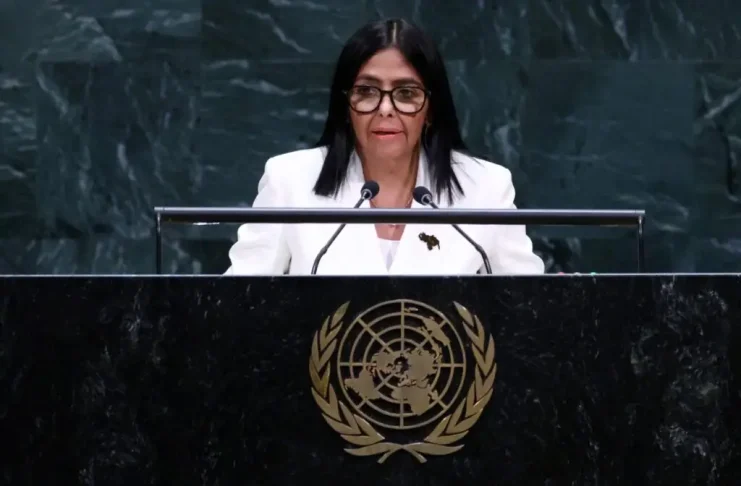 Venezuelas Acting President Delcy Rodriguez speaks during the 81st United Nations General Assembly at the United Nations Headquarters in New York, on September 23, 2026. (Photo by Leonardo MUNOZ / AFP)
