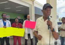 DOMINICA-LABOUR-Doctors take industrial action over salaries and job security General Secretary of the Dominica Public Service Union (DPSU), Thomas Letang, addressing the protest action taken by doctors on Tuesday (CMC Photo)