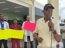 General Secretary of the Dominica Public Service Union (DPSU), Thomas Letang, addressing the protest action taken by doctors on Tuesday (CMC Photo)