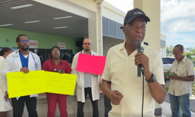 Letang-doctors-dominica General Secretary of the Dominica Public Service Union (DPSU), Thomas Letang, addressing the protest action taken by doctors on Tuesday (CMC Photo)