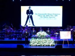 TRINIDAD-DEATH-Trinidad and Tobago bade farewell to the Mighty Sparrow The casket bearing the body of the singer, Dr. Slinger Francisco on stage at the National Performing Arts Academy (NAPA) on Friday (CMC Photo)