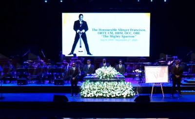 Sparrow-funeral The casket bearing the body of the singer, Dr. Slinger Francisco on stage at the National Performing Arts Academy (NAPA) on Friday (CMC Photo)